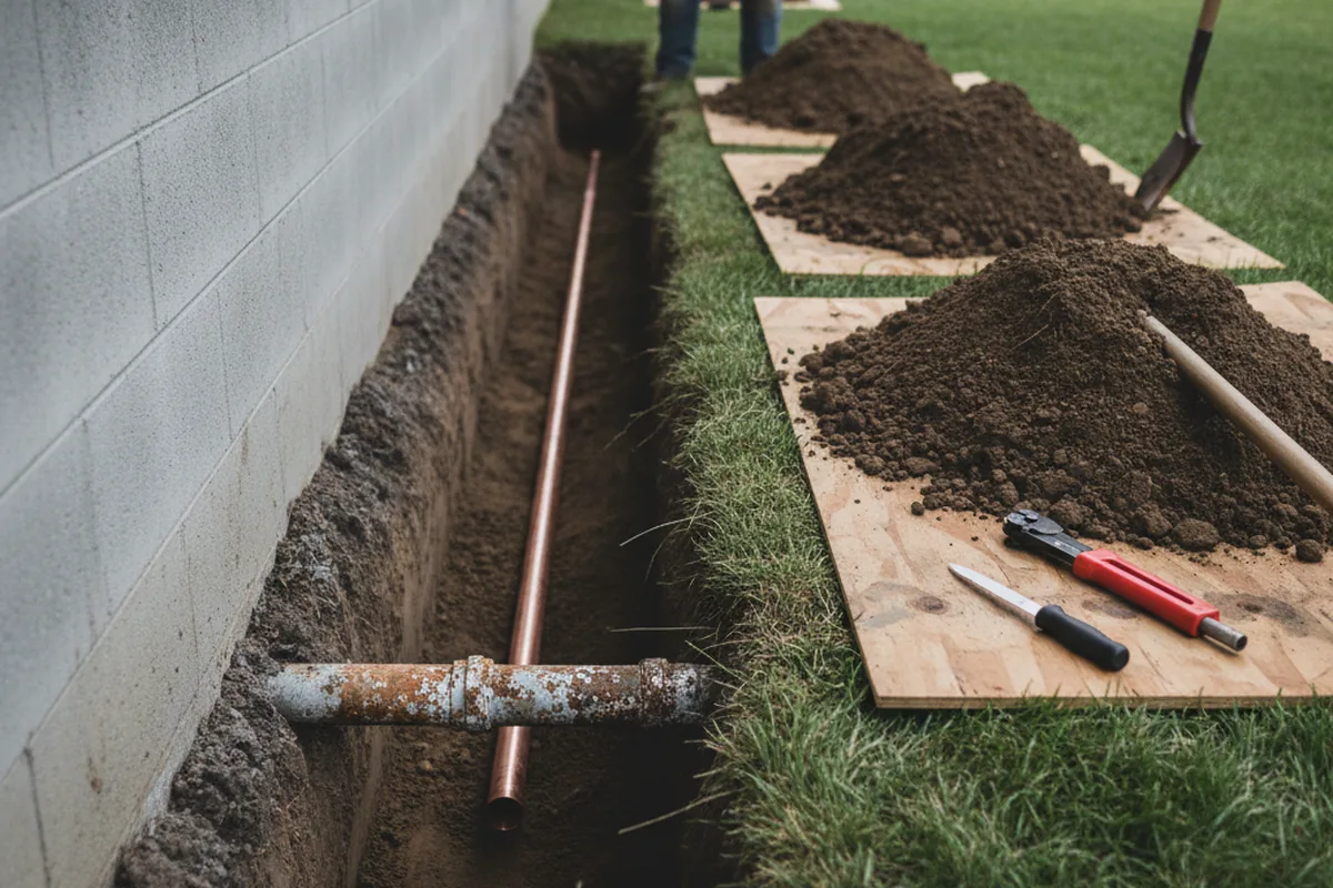 Excavated water line trench during Water Softener Installation in Coventry